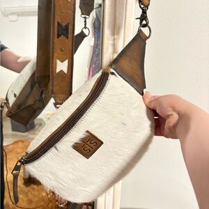 STS White Haircalf Crossbody Belt Bag with Clasp Strap